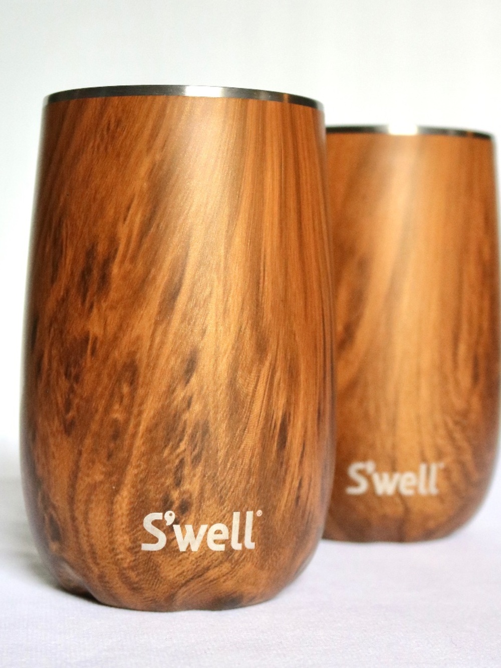 Set of 2 S'well Stainless Steel Cup Goblets Faux Wood Grain Brown Camping Summer
